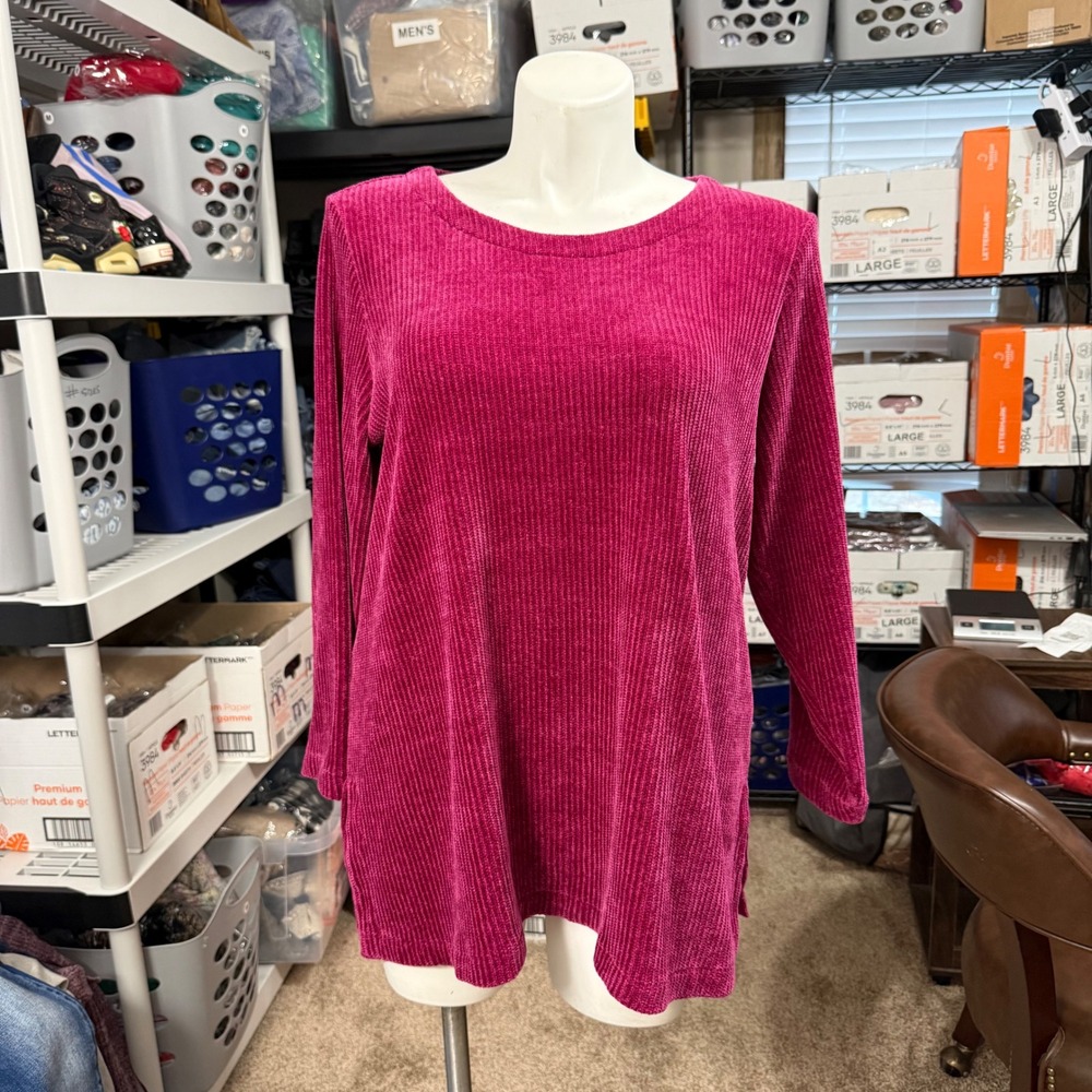 J. Jill Wearever Pink Ribbed Chenille Tunic Top XL Magenta Long Sleeve Crew Neck